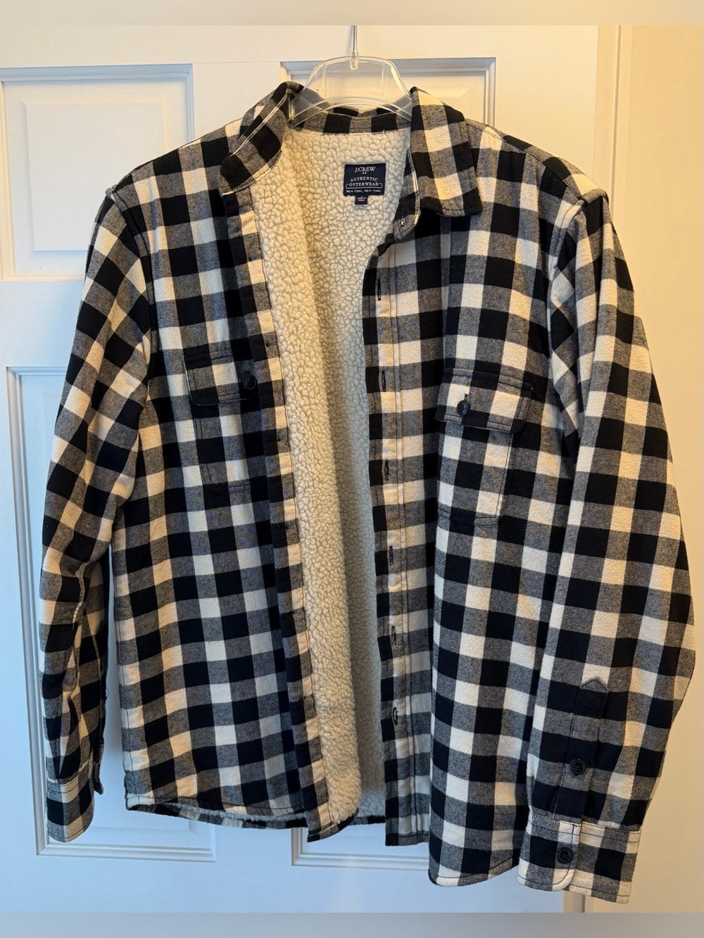 J. CREW Sherpa Lined Buffalo Plaid Flannel Button Down Shirt Jacket Black Large